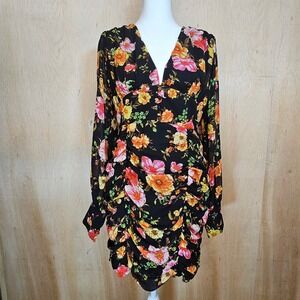 HYFYVE Black Floral V-Neck Ruched Mini Dress With Long Sheer Sleeves Size Medium